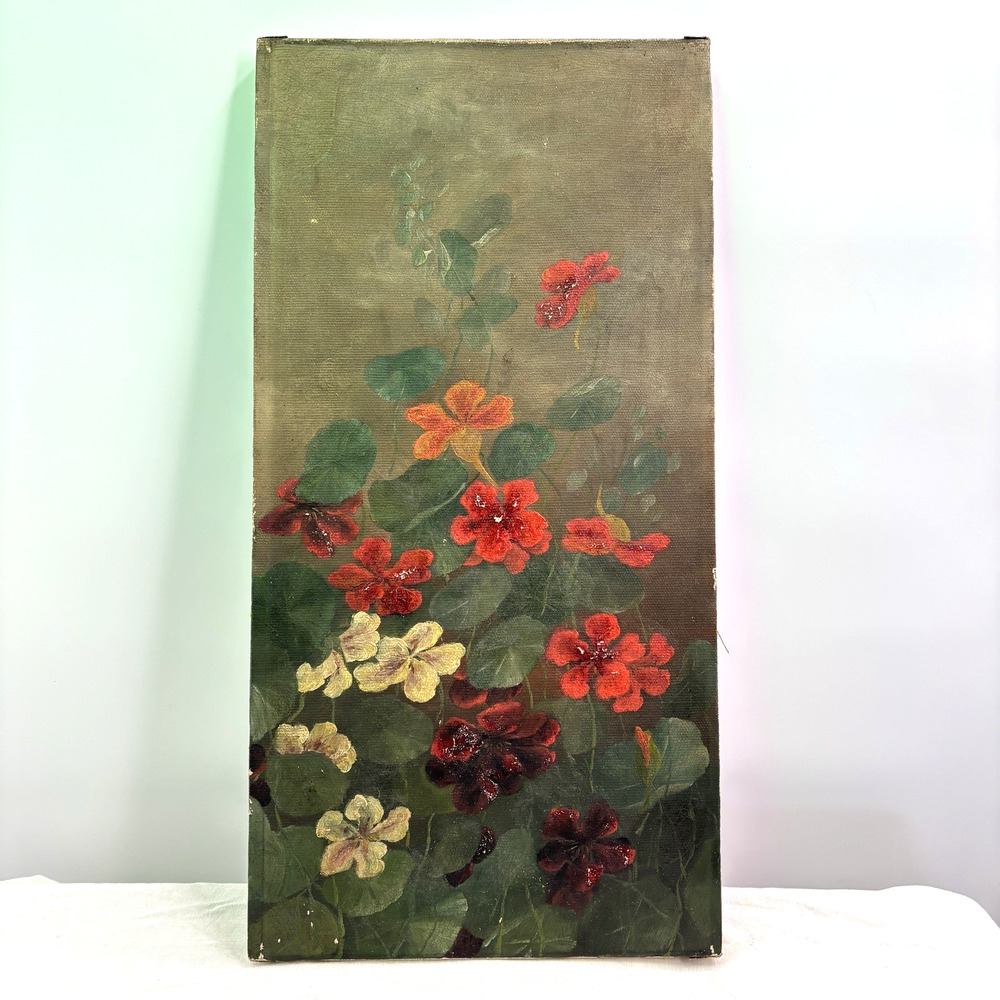 Moody Floral Oil Painting Canvas Nasturtiums Flowers Still Life Victorian 10x20